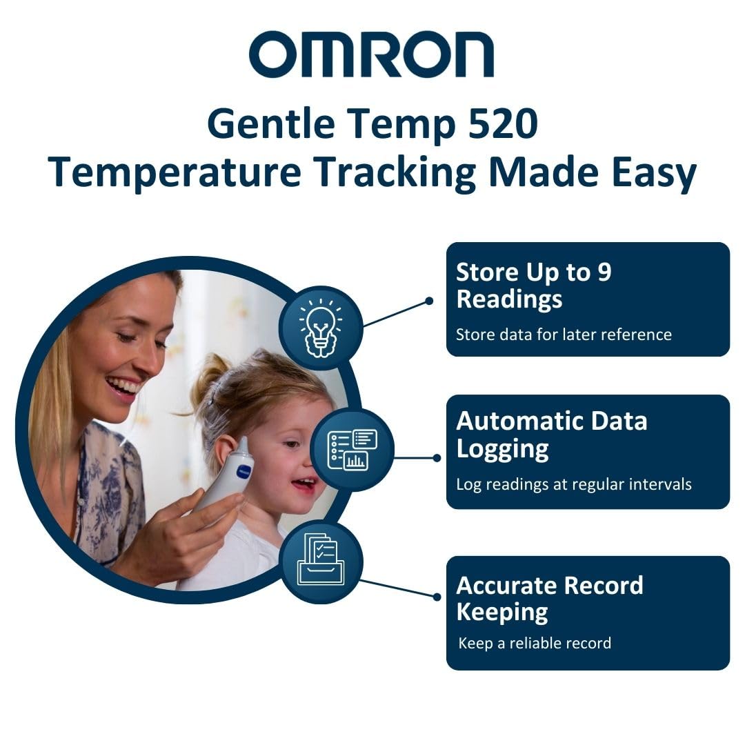 OMRON Gentle Temp 520 Digital Ear Thermometer, Fast Accurate Measurement 1 Second, No-Touch Infrared Thermo-meters for Baby Kids Adults, Large LCD Display Celsius Fahrenheit, 9 Reading Memory