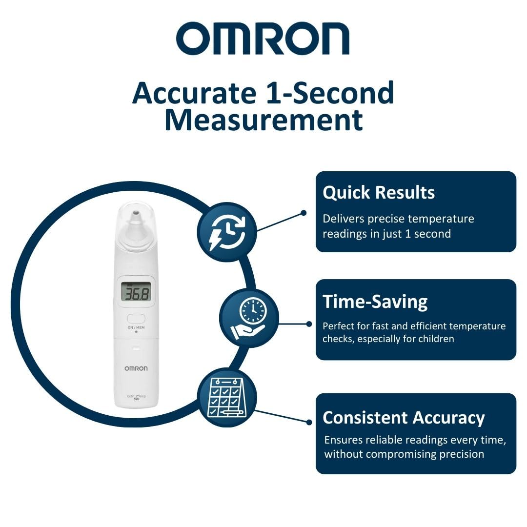 OMRON Gentle Temp 520 Digital Ear Thermometer, Fast Accurate Measurement 1 Second, No-Touch Infrared Thermo-meters for Baby Kids Adults, Large LCD Display Celsius Fahrenheit, 9 Reading Memory